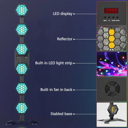 Black hexagonal led light tower with multiple illuminated panels and digital display in 240w linear vintage light set