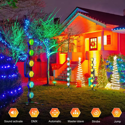 Colorful hexagonal led panels in blue green and yellow illuminate the yard with a vintage 240w linear vintage light set