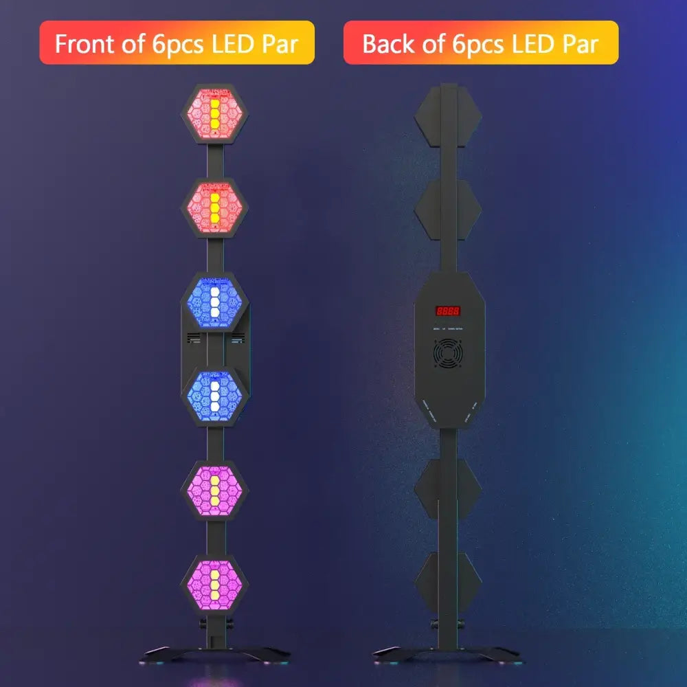 Set of six hexagonal 240w linear vintage led par lights with colorful panels and black metal frame for outdoor use