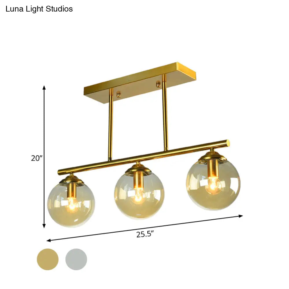 Vintage 3-Bulb Glass Pendant Lamp in Sphere Clear/Amber with Gold Hanging Fixture for Island Lighting