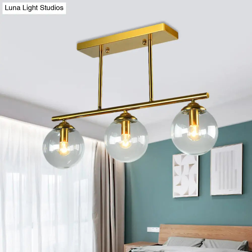 Vintage 3-Bulb Glass Pendant Lamp in Sphere Clear/Amber with Gold Hanging Fixture for Island Lighting