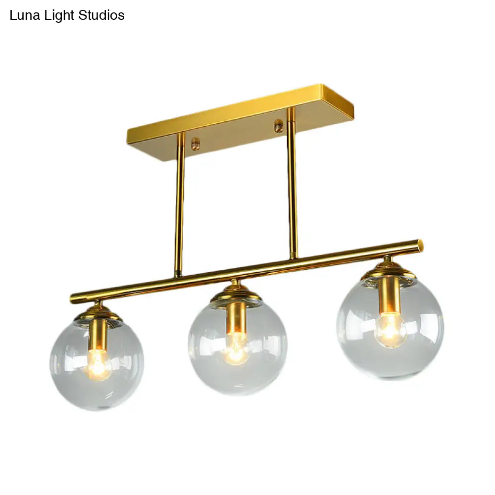 Vintage 3-Bulb Glass Pendant Lamp in Sphere Clear/Amber with Gold Hanging Fixture for Island Lighting
