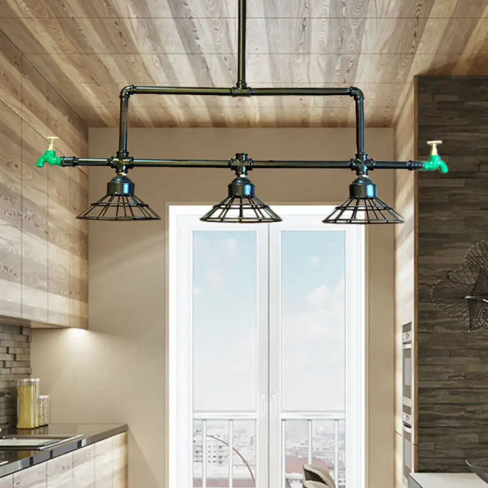 Vintage 3-Bulb Metal Shade Pendant Lamp for Coffee Shop Island Ceiling with Water Tap