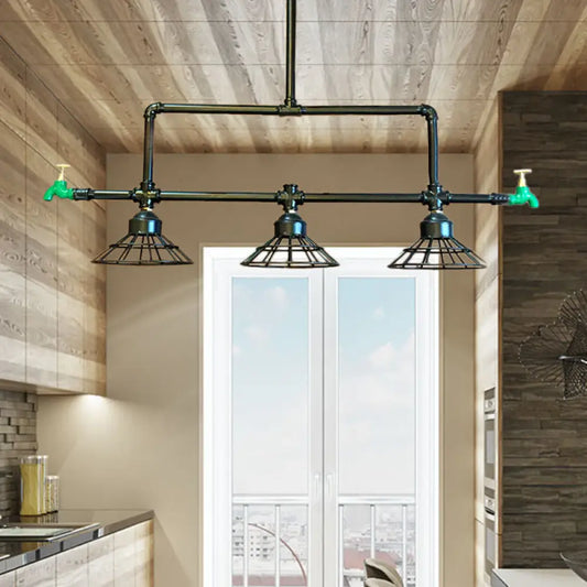 Vintage 3-Bulb Metal Shade Pendant Lamp for Coffee Shop Island Ceiling with Water Tap