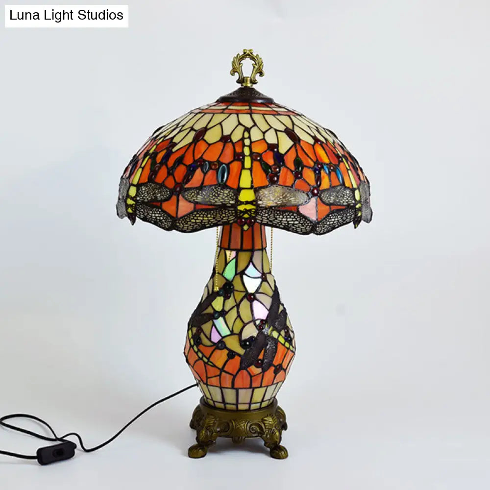 Vintage 3-Bulb Mushroom Nightstand Lamp - Orange Stained Glass Table Light with Dragonfly Pattern