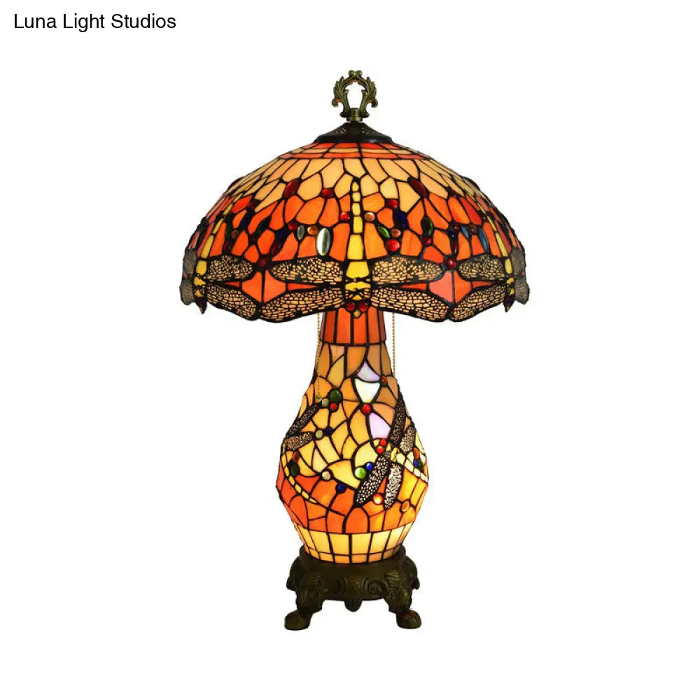 Vintage 3-Bulb Mushroom Nightstand Lamp - Orange Stained Glass Table Light with Dragonfly Pattern