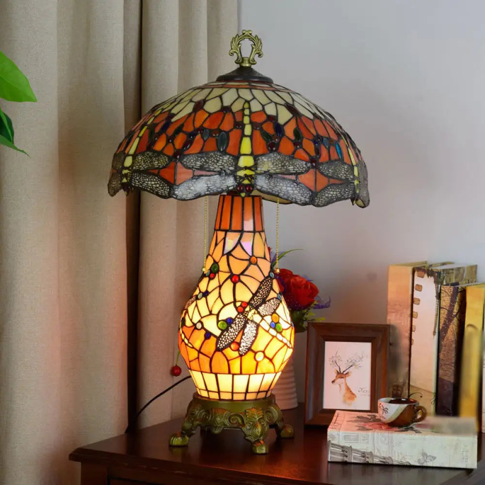 Vintage 3-Bulb Mushroom Nightstand Lamp - Orange Stained Glass Table Light with Dragonfly Pattern