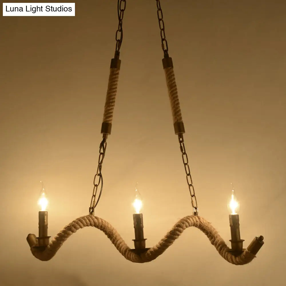 Vintage 3-Head Island Pendant Light: Candlestick Iron Ceiling Fixture with Hemp Rope - Flaxen Finish