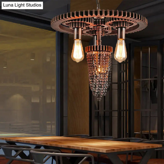 Vintage 3-Head Metal Gear Hanging Chandelier - Rustic Restaurant Ceiling Pendant