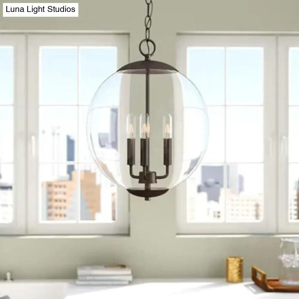 Vintage 3-Light Pendant with Clear Glass Globe Shade - Black/Chrome/Gold - Perfect for Dining Room Chandelier