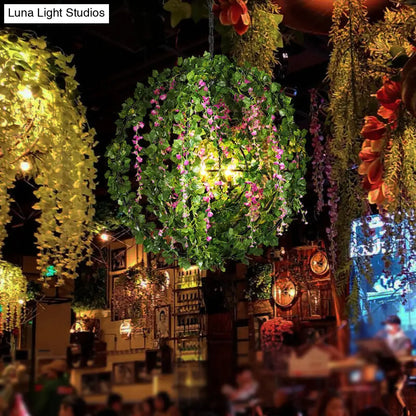 Vintage 4-Head Black Iron Chandelier with Plant Accents