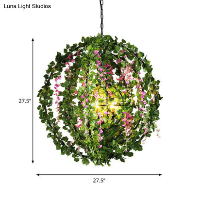 Vintage 4-Head Black Iron Chandelier with Plant Accents