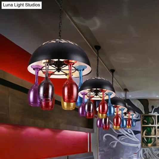 Vintage 4-Light Dome Iron Hanging Chandelier: Restaurant Pendant Lamp in Black with Colorful Wine Cup Deco