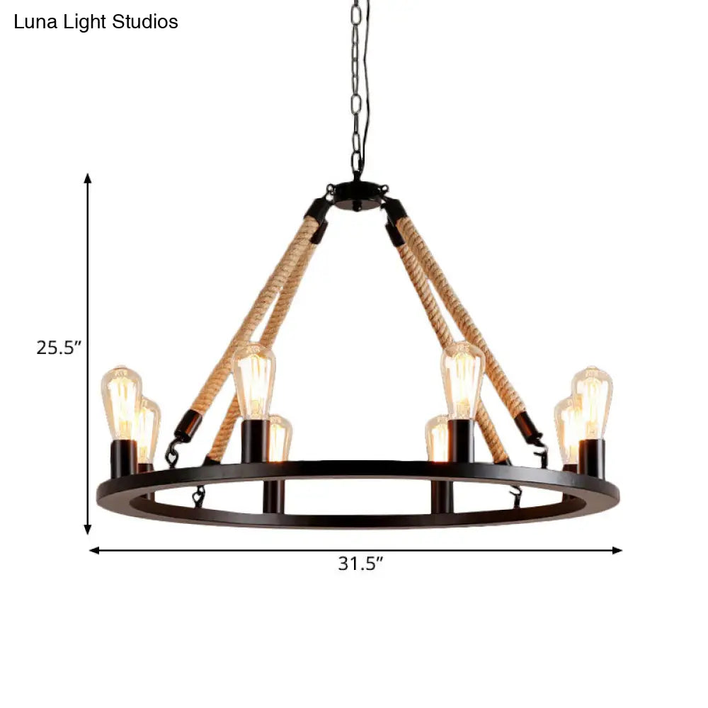 Vintage 6/8-Light Metallic Circular Hanging Lamp in Brown with Exposed Bulb & Rope Suspension for Dining Room