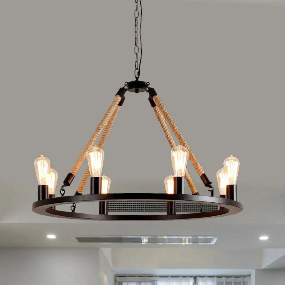Vintage 6/8-Light Metallic Circular Hanging Lamp in Brown with Exposed Bulb & Rope Suspension for Dining Room