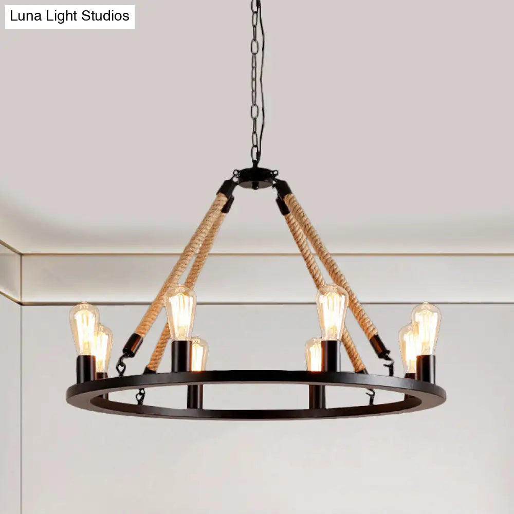 Vintage 6/8-Light Metallic Circular Hanging Lamp in Brown with Exposed Bulb & Rope Suspension for Dining Room
