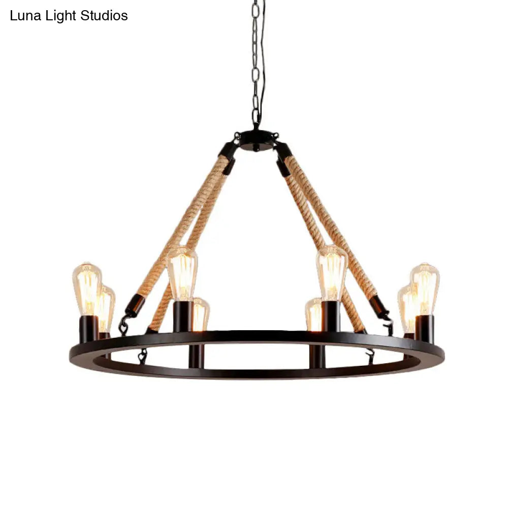 Vintage 6/8-Light Metallic Circular Hanging Lamp in Brown with Exposed Bulb & Rope Suspension for Dining Room