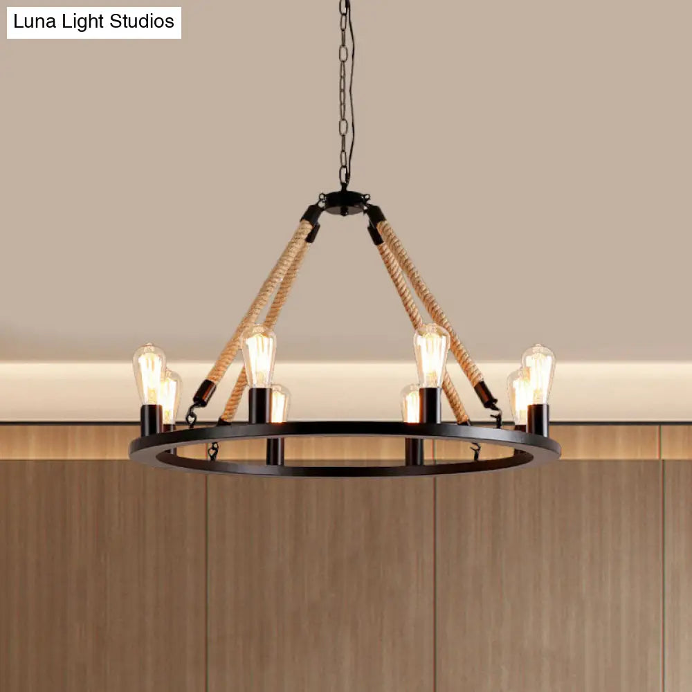 Vintage 6/8-Light Metallic Circular Hanging Lamp in Brown with Exposed Bulb & Rope Suspension for Dining Room