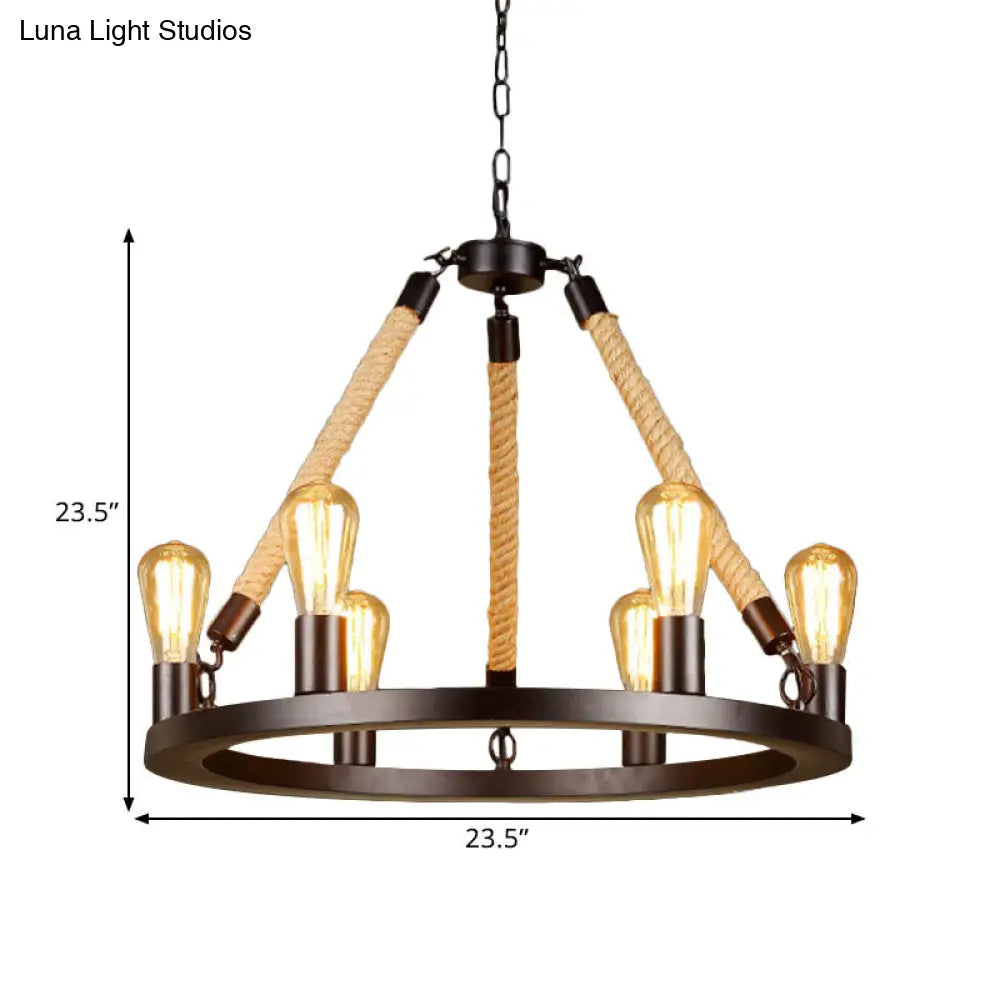 Vintage 6/8-Light Metallic Circular Hanging Lamp in Brown with Exposed Bulb & Rope Suspension for Dining Room