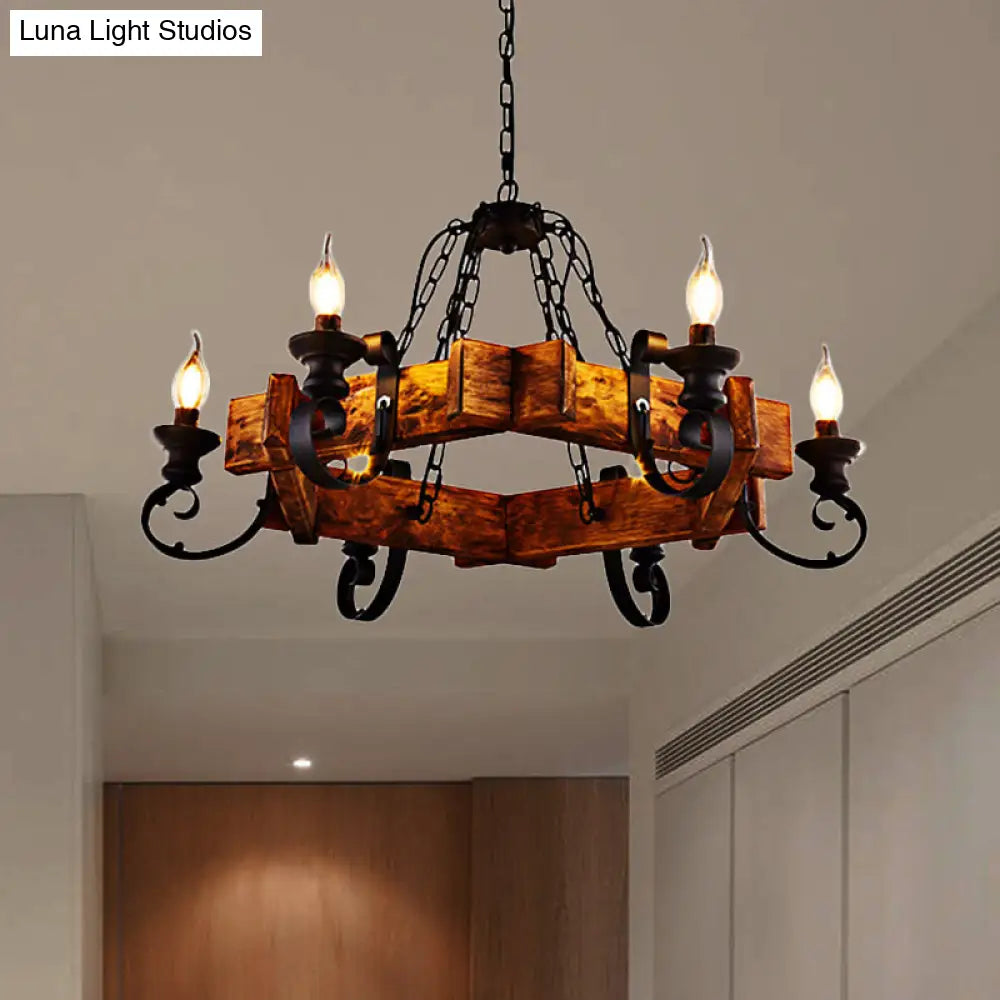 Vintage 6-Light Candle Chandelier with Clear Glass and Wooden Backplate