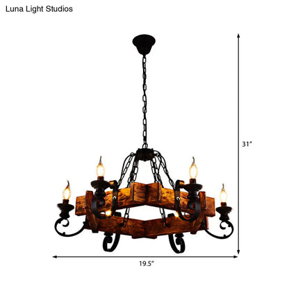 Vintage 6-Light Candle Chandelier with Clear Glass and Wooden Backplate