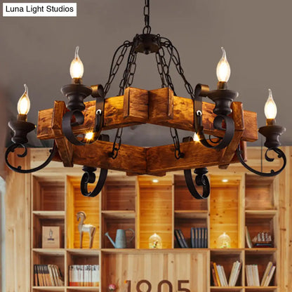 Vintage 6-Light Candle Chandelier with Clear Glass and Wooden Backplate