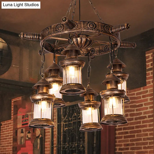 Vintage 6-Light Clear Glass Chandelier - Industrial Antique Brass Wagon Wheel Pendant Light for Dining Room