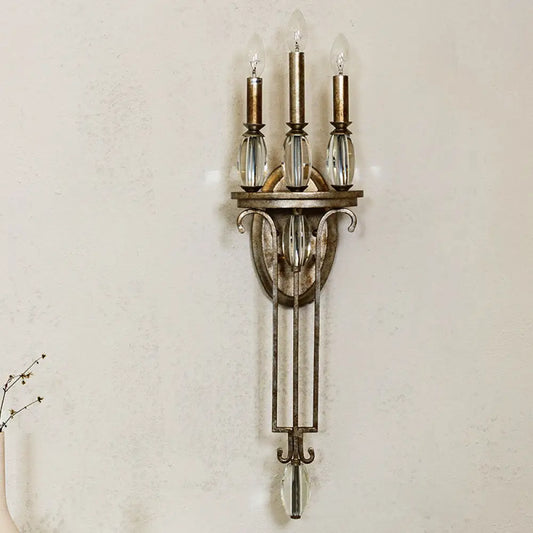 DecorBites™ DecorBites™ Vintage Aged Silver Candelabra Sconce with Crystal Drop - 3 Light Wall Mount Fixture