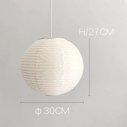 Vintage akari rice paper pendant light white spherical with vertical ridges and hanging cord for bedroom or living room