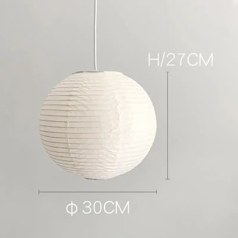 Vintage akari rice paper pendant light white spherical with vertical ridges and hanging cord for bedroom or living room