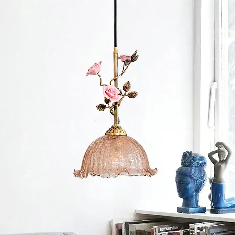 Delicate brass pendant light with textured peach glass shade and ornate rose blossoms for dining room decorbites french rose copper