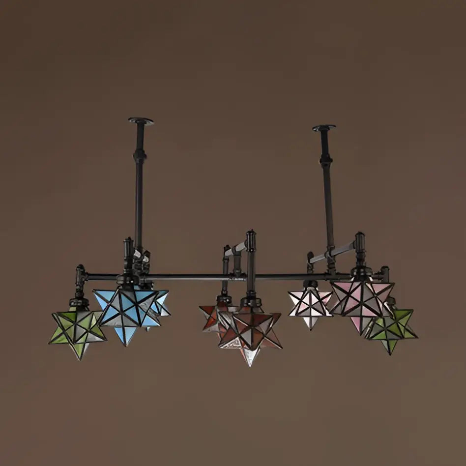 Decorbites rustic star-shaped stained glass dining room chandelier with 8 pendant lights black metal arms hanging rod