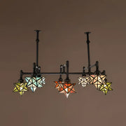 DecorBites rustic star-shaped stained glass dining room chandelier with 8 amber yellow teal shades and hanging rod compatible with led incandescent fluorescent bulbs