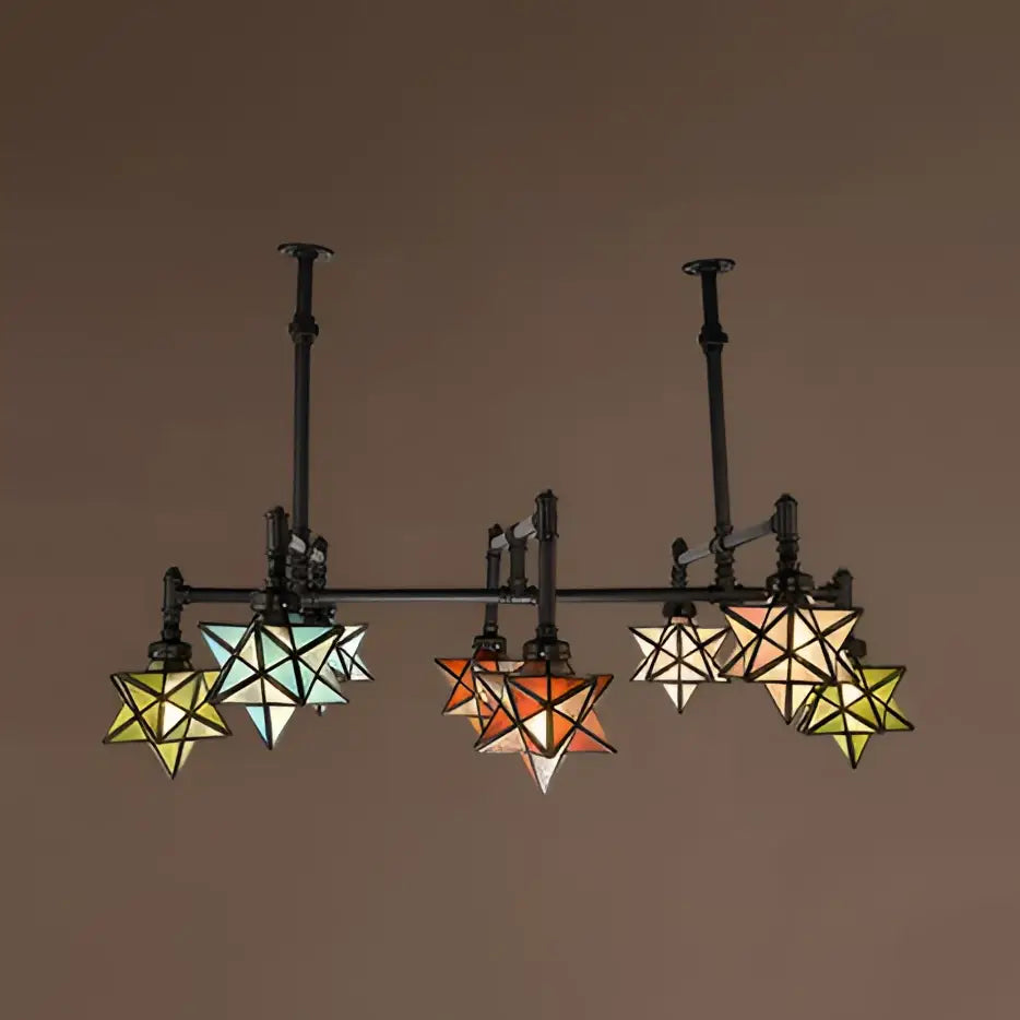 DecorBites rustic star-shaped stained glass dining room chandelier with 8 amber yellow teal shades and hanging rod compatible with led incandescent fluorescent bulbs
