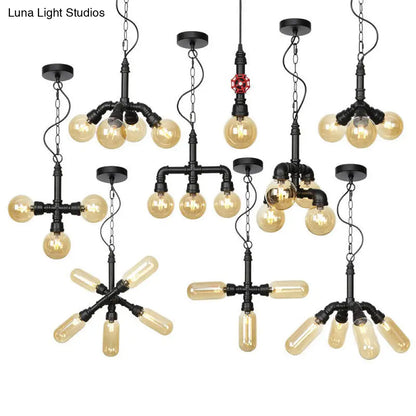 Vintage Amber/Clear Glass Chandelier Pendant Lamp - 4 Lights Global, Black Hanging Ceiling Fixture