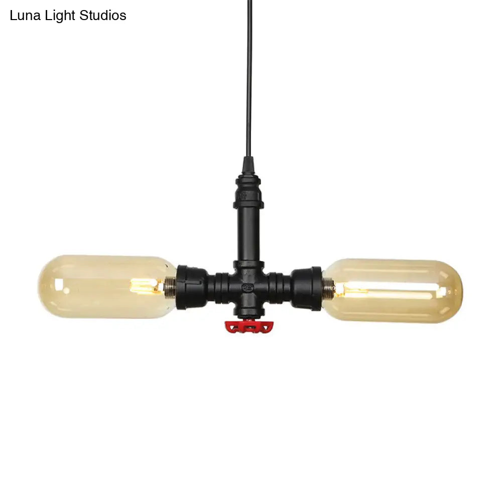 Vintage Amber/Clear Glass Pendant Chandelier with LED Hanging Ceiling Light - 2 Heads, Black