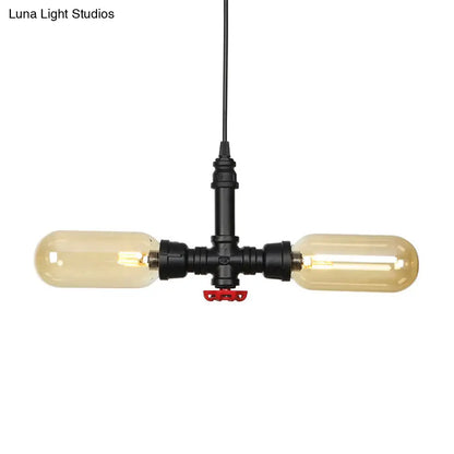 Vintage Amber/Clear Glass Pendant Chandelier with LED Hanging Ceiling Light - 2 Heads, Black