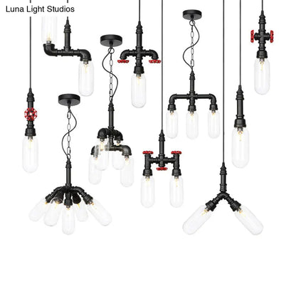 Vintage Amber/Clear Glass Pendant Chandelier with LED Hanging Ceiling Light - 2 Heads, Black