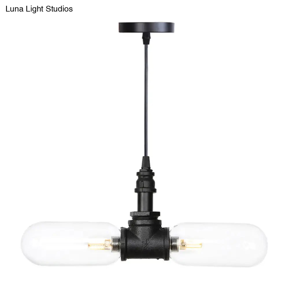 Vintage Amber/Clear Glass Pendant Chandelier with LED Hanging Ceiling Light - 2 Heads, Black