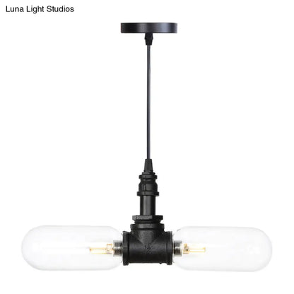 Vintage Amber/Clear Glass Pendant Chandelier with LED Hanging Ceiling Light - 2 Heads, Black