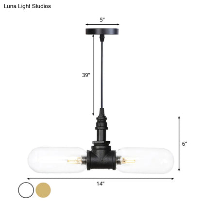 Vintage Amber/Clear Glass Pendant Chandelier with LED Hanging Ceiling Light - 2 Heads, Black