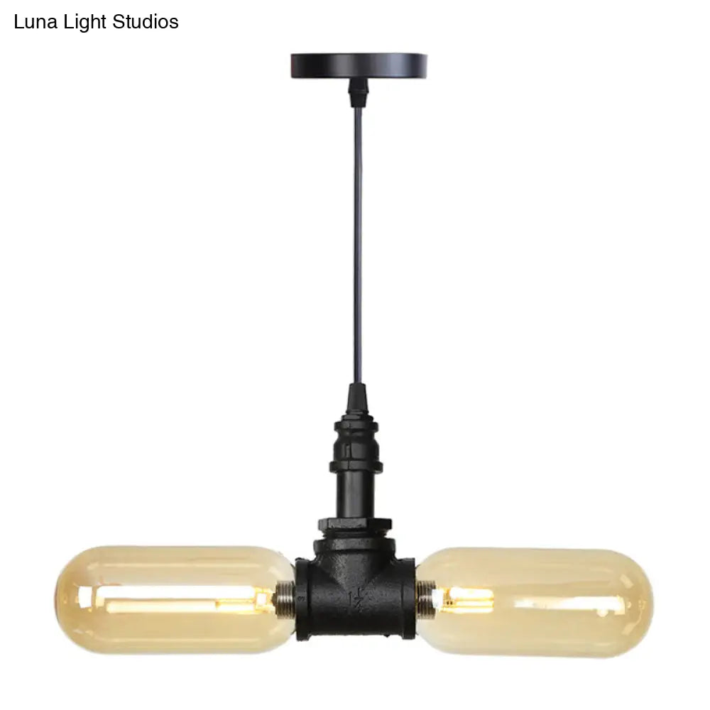 Vintage Amber/Clear Glass Pendant Chandelier with LED Hanging Ceiling Light - 2 Heads, Black