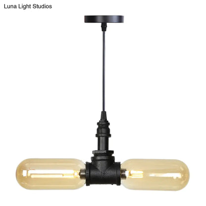 Vintage Amber/Clear Glass Pendant Chandelier with LED Hanging Ceiling Light - 2 Heads, Black