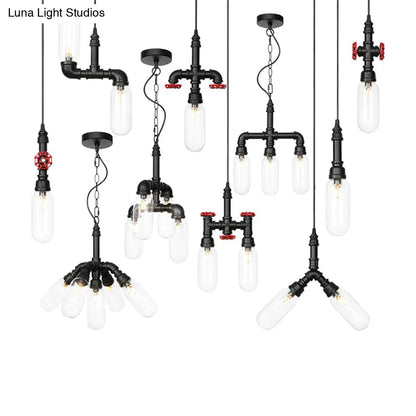 Vintage Amber/Clear Glass Pendant Chandelier with LED Hanging Ceiling Light - 2 Heads, Black