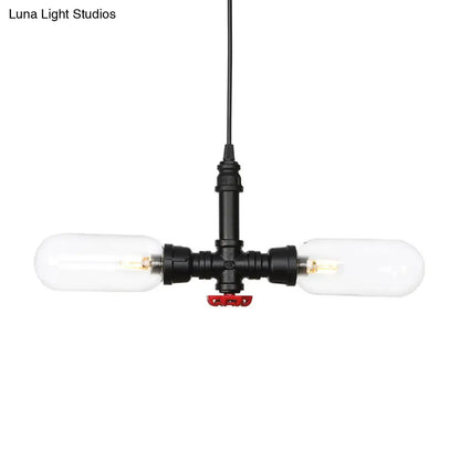 Vintage Amber/Clear Glass Pendant Chandelier with LED Hanging Ceiling Light - 2 Heads, Black