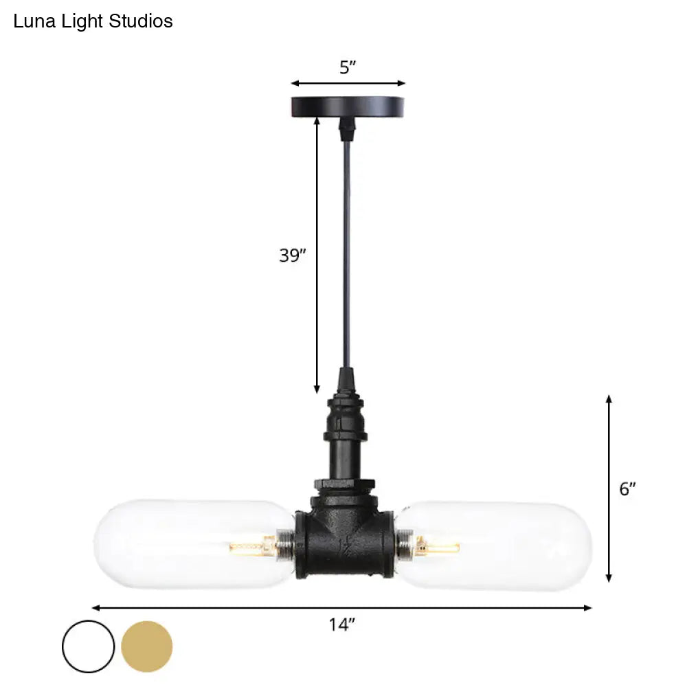 Vintage Amber/Clear Glass Pendant Chandelier with LED Hanging Ceiling Light - 2 Heads, Black