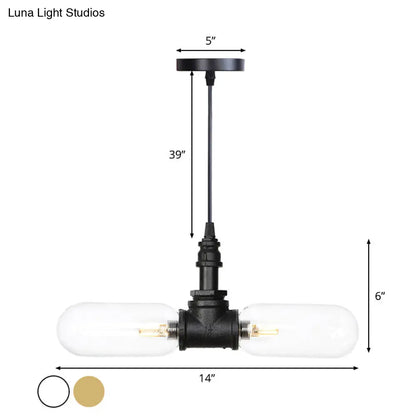 Vintage Amber/Clear Glass Pendant Chandelier with LED Hanging Ceiling Light - 2 Heads, Black