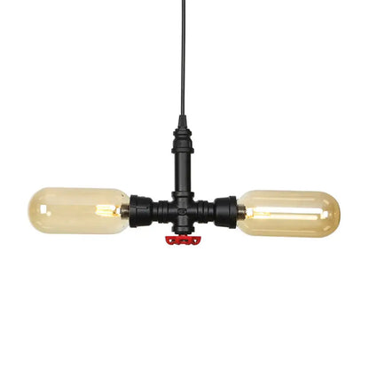 Vintage Amber/Clear Glass Pendant Chandelier with LED Hanging Ceiling Light - 2 Heads, Black