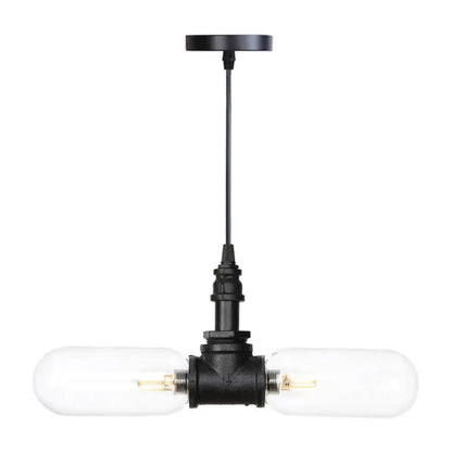 Vintage Amber/Clear Glass Pendant Chandelier with LED Hanging Ceiling Light - 2 Heads, Black