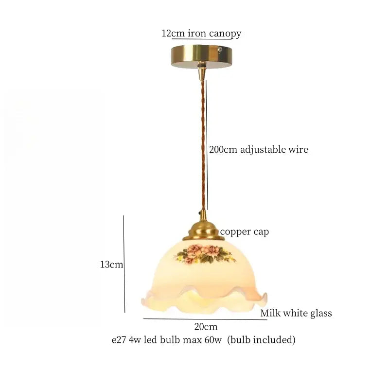 Milk white glass pendant light with floral design and brass-toned metal components decorbites cracked glass led